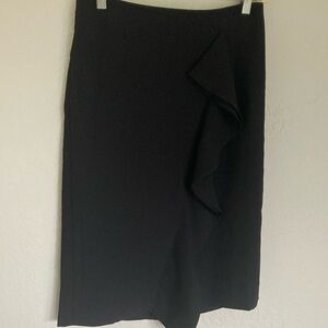 J Crew Front Waterfall Ruffle Black Midi Skirt Back Zip Kick Pleat Size 4